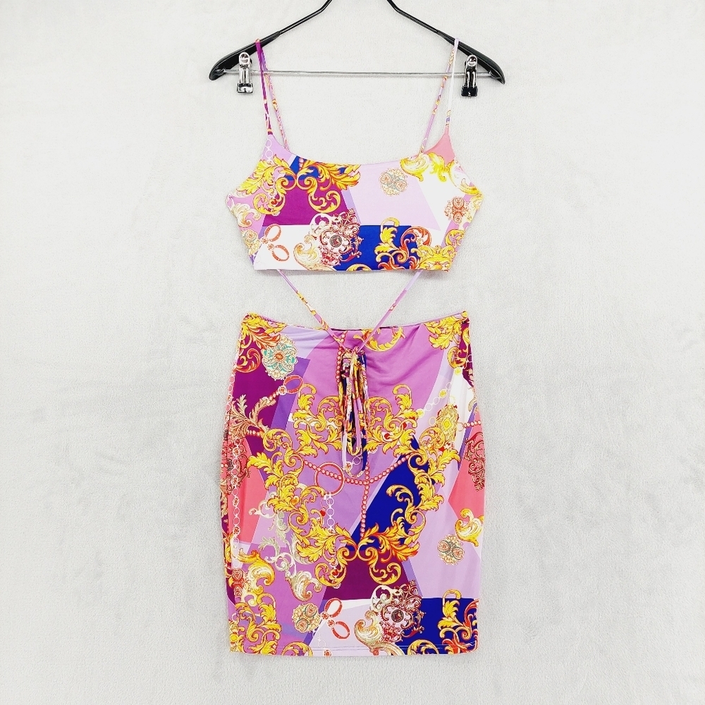 Purple Baroque Print Two-Piece Skirt Set - Picture 2 of 12